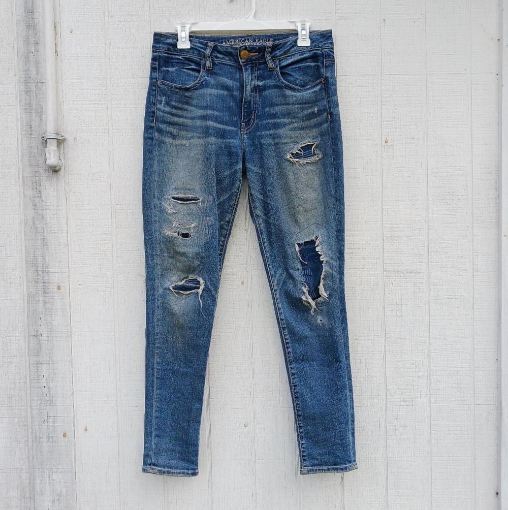 American Eagle Super Stretch Hi-Rise Jeggings Distressed Patched Womens Sz 8